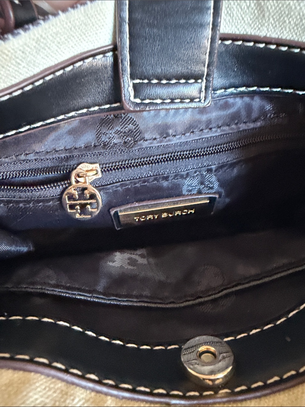Tory Burch Navy and Cream Canvas Mini Tote with Leather Trim - Picture 11 of 11